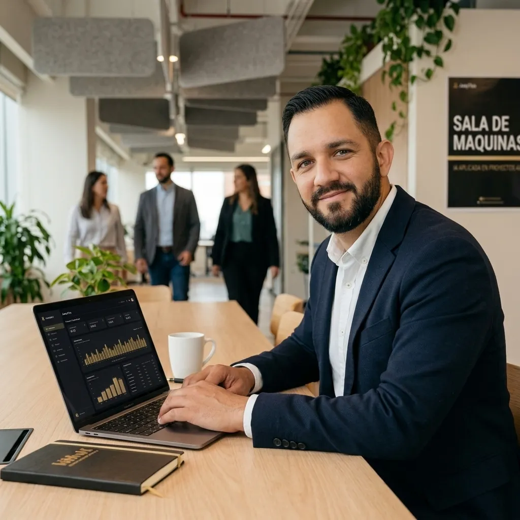 Jose Cappuccio trabajando con su portátil, con el cartel de Sala de Máquinas al fondo
