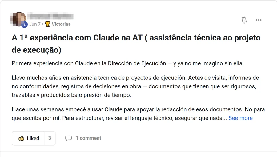 Captura de un post de la comunidad, Primera vez en dirección de ejecución