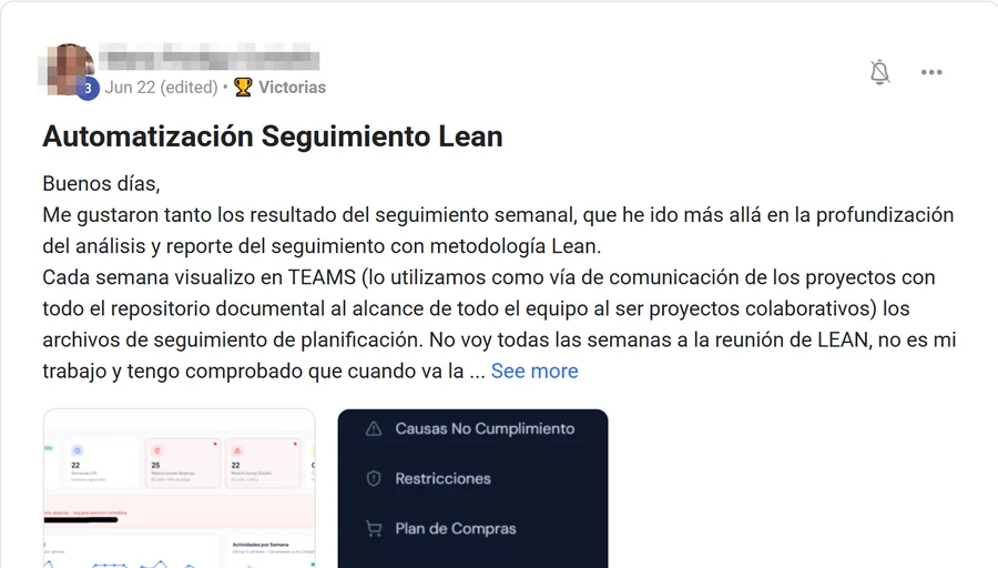 Captura de un post de la comunidad, El seguimiento semanal, automatizado