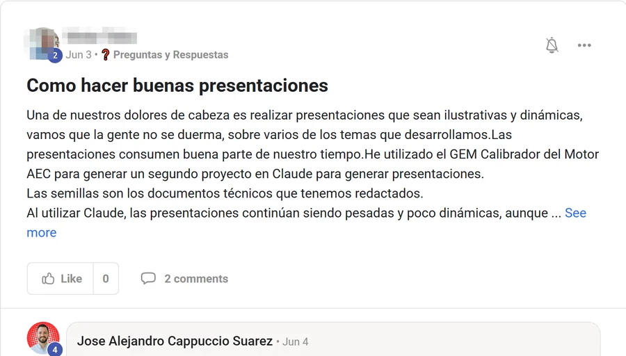 Captura de un post de la comunidad, Las presentaciones ya no comen la tarde