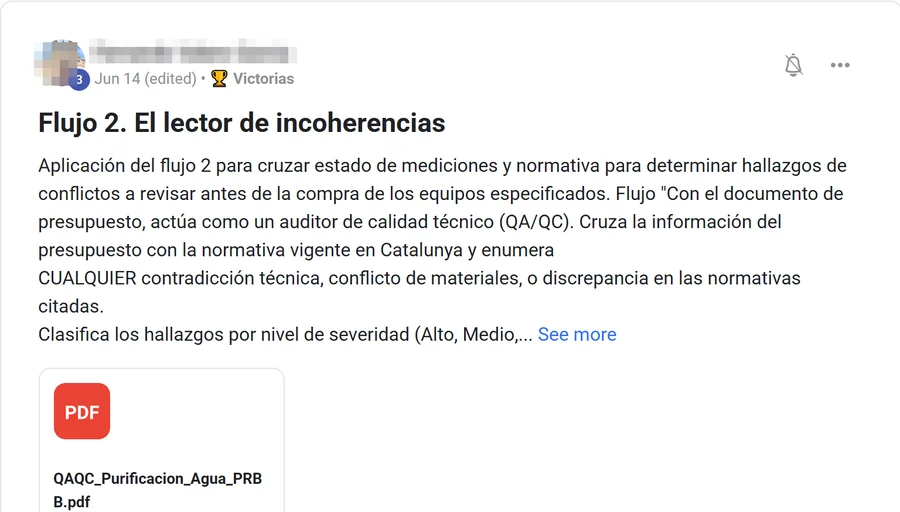 Captura de un post de la comunidad, El lector de incoherencias sobre presupuesto