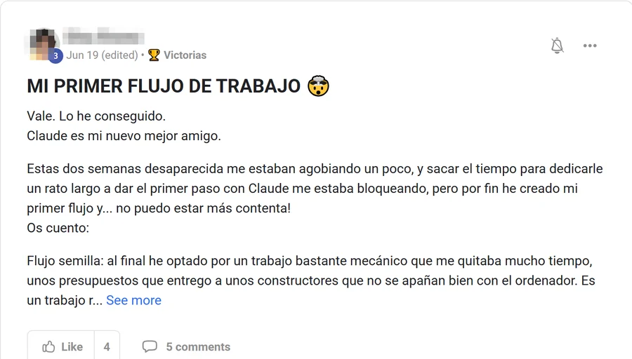 Captura de un post de la comunidad, Su primer flujo, montado de cero