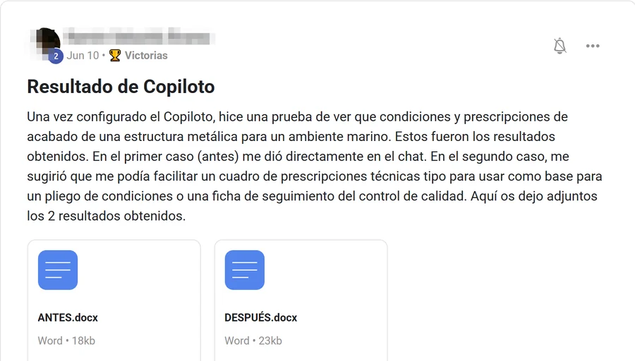 Captura de un post de la comunidad, Antes y después del copiloto